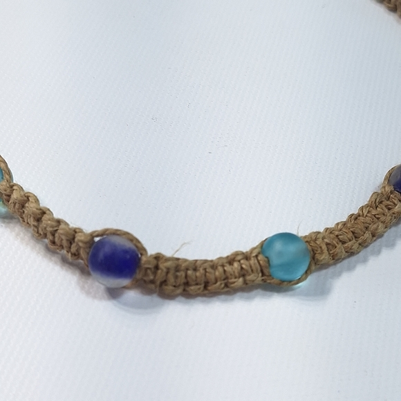 Woven Hemp Recycled Blue Glass Bead Unisex Necklace - Picture 4 of 8